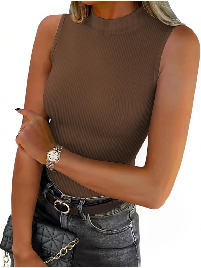 Women's Brown Short Sleeveless Mock Turtleneck Pull On Imported Tank Top